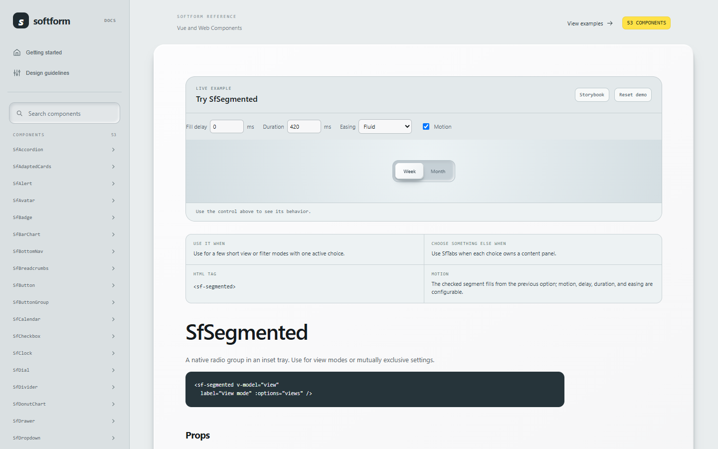 Softform documentation with the SfSegmented live demo and prop controls