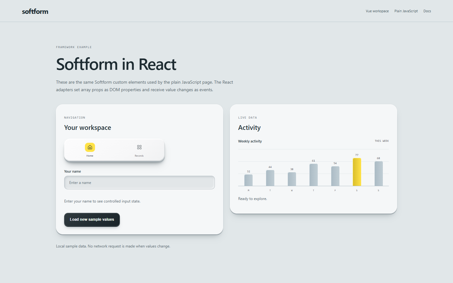 Softform React example with controlled input, navigation, and chart